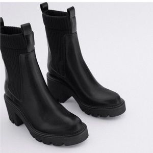 Zara Black Faux Leather Low Heel Ankle Boots with Track Lug Soles Size 36 6